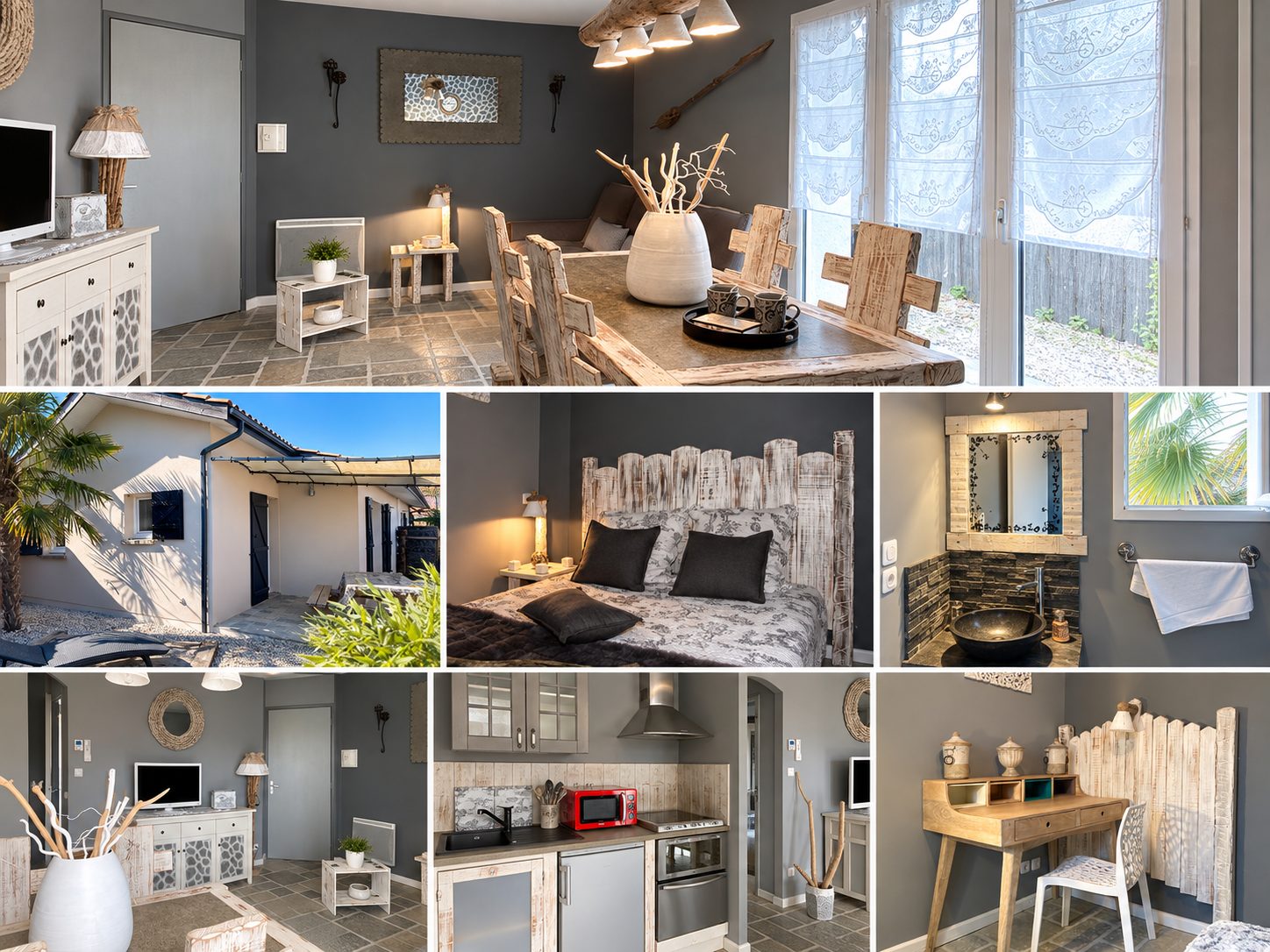 Cottage Banc d’Arguin — vue d’ensemble : pièce de vie, extérieur, chambre, salle d’eau, salon, cuisine et bureau