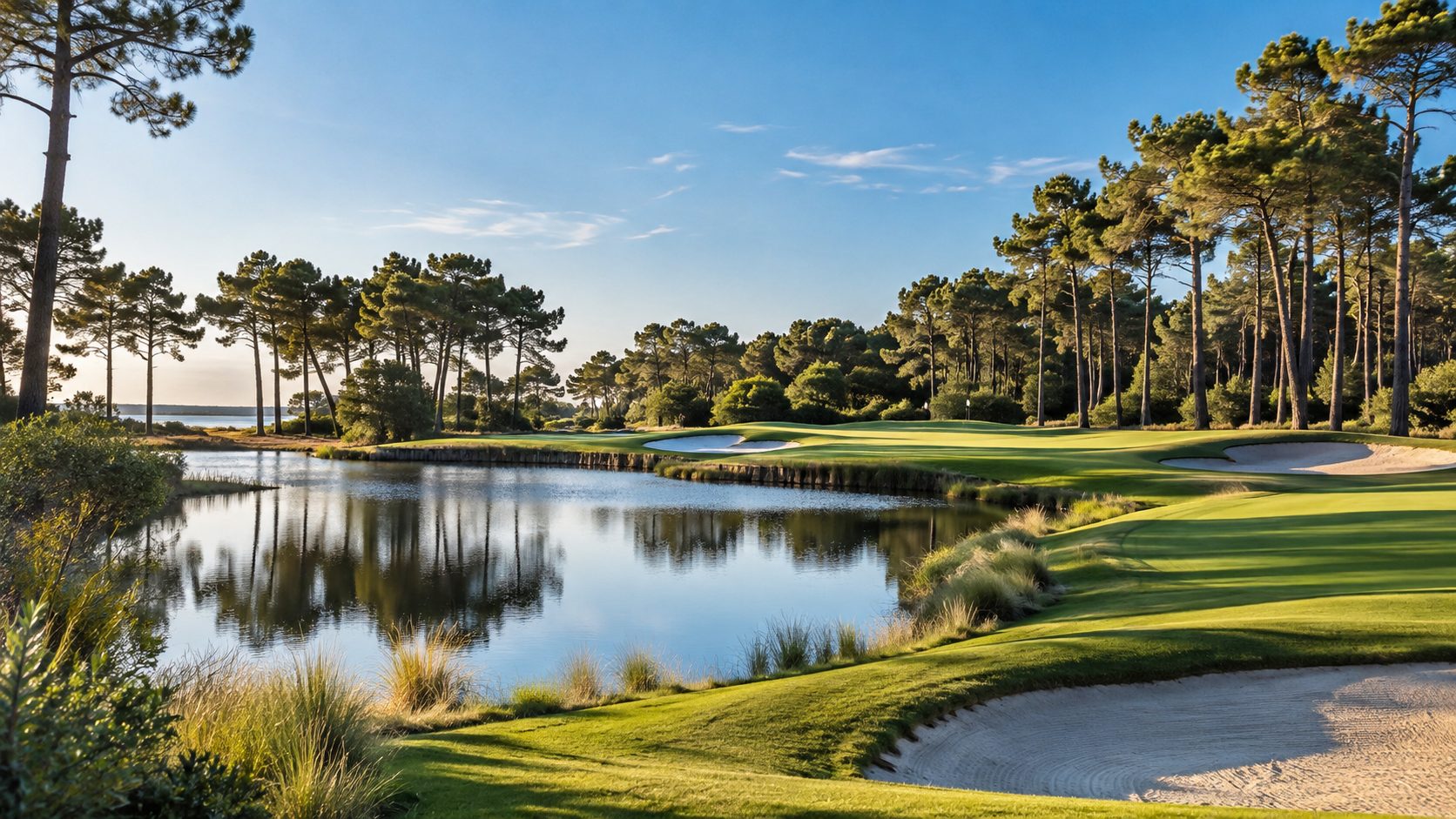 Ambiance golf entre pins, eau et sable